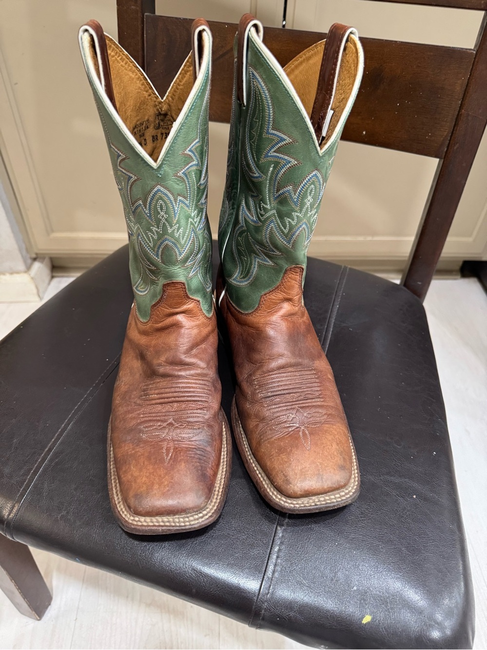 Justin Boots Brown Foot with Green Embroidered Shaft Cowboy Boots
